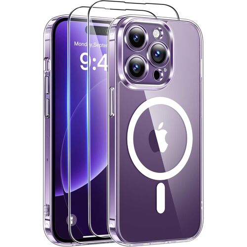 Coque Pour Iphone 14 Pro (6,1 Pouces) Avec 2 Verres Trempés, Compatible Avec Mag Safe, Coque Mat Translucide Fine Antichoc, Pc Dur Housse Arrière Anti-Rayures + Tpu Bumper Antichoc, Transparente
