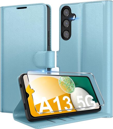 Coque Pour Samsung Galaxy A13 5G (Pas Pour A13 4G) En Premium Cuir Pu, Portefeuille Housse Etui Pour Cartes Protection Anti-Choc Flip Case Avec 1 Verre Trempé Bleu