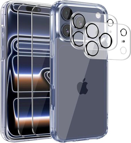 Coque Pour Iphone 17 Pro Avec 2 Pièces Verre Trempé Protection Écran + 2 Protections Pour Caméras, Anti-Rayures, Anti-Dérapante, Etui De Transparent Tpu+Pc Protection