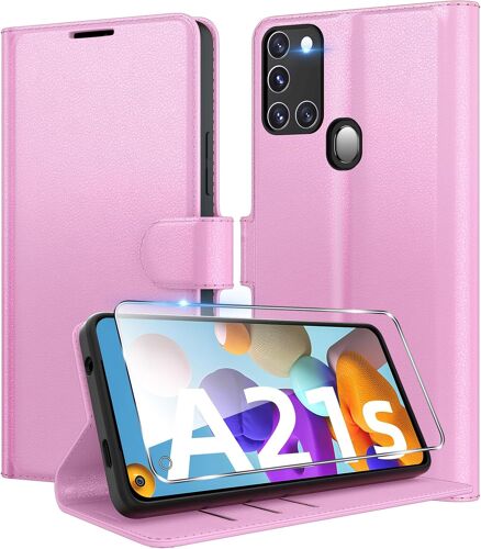 Coque Pour Samsung Galaxy A21S En Premium Cuir Pu, Portefeuille Housse Etui Pour Cartes Protection Anti-Choc Flip Case Avec 1 Verre Trempé Rose