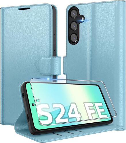 Coque Pour Samsung Galaxy S24 Fe En Premium Cuir Pu, Portefeuille Housse Etui Pour Cartes Protection Anti-Choc Flip Case Avec 1 Verre Trempé Bleu