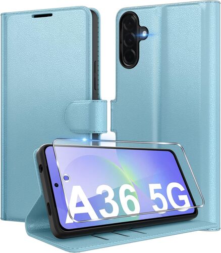 Coque Pour Samsung Galaxy A36 5G En Premium Cuir Pu, Portefeuille Housse Etui Pour Cartes Protection Anti-Choc Flip Case Avec 1 Verre Trempé Bleu