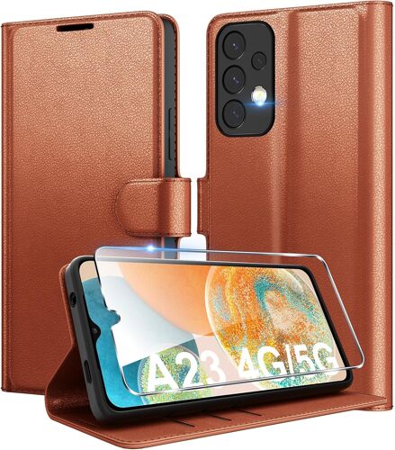 Coque Pour Samsung Galaxy A23 4G/5G En Premium Cuir Pu, Portefeuille Housse Etui Pour Cartes Protection Anti-Choc Flip Case Avec 1 Verre Trempé Brun