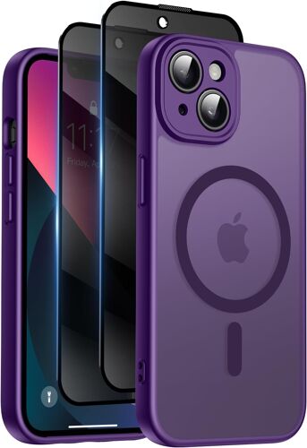 ELVORIX-Coque Magnétique pour iPhone 13 6,1 Pouces avec 2 Verre Trempé Anti-Espion, Compatible avec MagSafe, Étui Mat Translucide Arrière Housse Antichoc Anti-Rayures, Violet Foncé