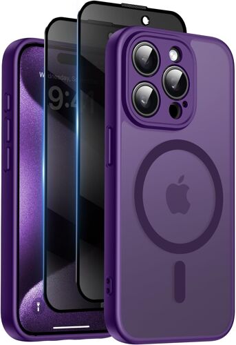 Coque Magnétique Pour Iphone 15 Pro Avec 2 Verre Trempé Anti-Espion, Compatible Avec Magsafe, Étui Mat Translucide Arrière Housse Antichoc Anti-Rayures Pour Iphone 15 Pro, Violet Foncé