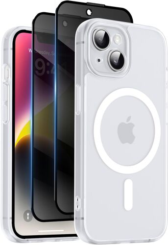 JGD-Coque Magnétique pour iPhone 14 6,1 Pouces avec 2 Verre Trempé Anti-Espion, Compatible avec MagSafe, Étui Mat Translucide Arrière Housse Antichoc Anti-Rayures, Blanc givré