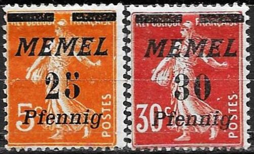 Lituanie, Enclave De Memel Sous Adm. Française 1922, Beaux Timbres Neufs* Yvert 51 Et 52, Types Semeuse 5c. Orange Et 30c. Rouge Surchargés "Memel" Et Nouvelle Valeur En Pfennig.