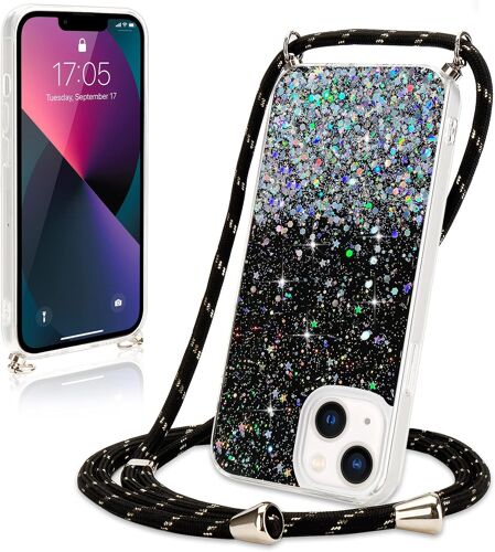 Coque avec Cordon pour iPhone 13 Coque Collier Paillette T¿¿l¿¿phone ?tui avec Cordon R¿¿glable Coque Transparent Silicone Case Housse avec Corde pouriPhone 13 Noir
