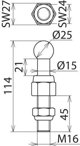 Boulon et écrou filetés M16x45mm à pointe sphérique fixe 25mm - 755645