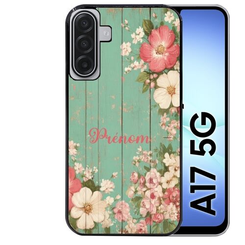 Coque noire Taperso pour Galaxy A17 5G avec motif bois et fleur avec votre prenom
