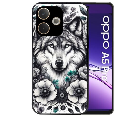 Coque noire Taperso pour OPPO A5 PRO 4G et 5G avec motif loup et fleur