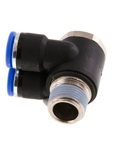 raccord enfichable double coude 90deg 10mm x R3/8'' avec filetage mâle laiton/PA 66 NBR rotatif