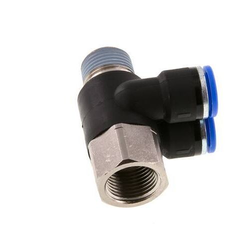 raccord enfichable double coude 90deg 10mm x R3/8'' avec filetage mâle-femelle Laiton/PA 66 NBR Rotatif