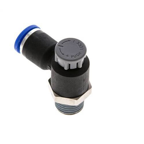 Vanne de régulation de débit Coude de sortie de compteur 8 mm - R1/4'' Laiton/ Contre-écrou PA 66