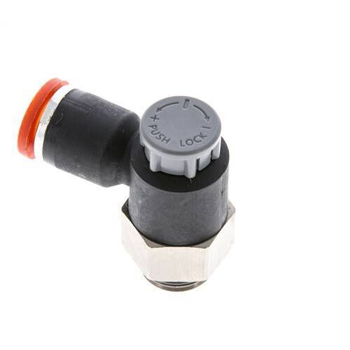 Vanne de régulation de débit Coude d'entrée 8 mm - G1/4'' Laiton/ Contre-écrou PA 66