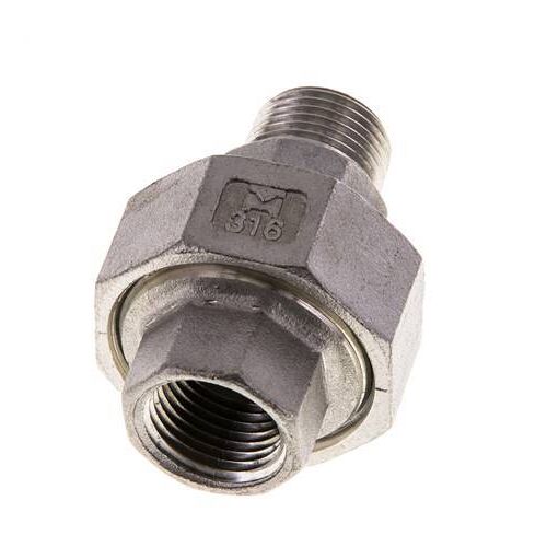 3/8'' NPT x 3/8'' NPT F/M Mamelon double en acier inoxydable 3-pièces avec joint conique 16 Bar