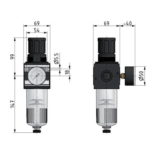 Filtre-régulateur G1/2'' 6700l/min 0.1-3.0bar/1-44psi Verrouillage semi-automatique du cylindre Polycarbonate Multifix 2