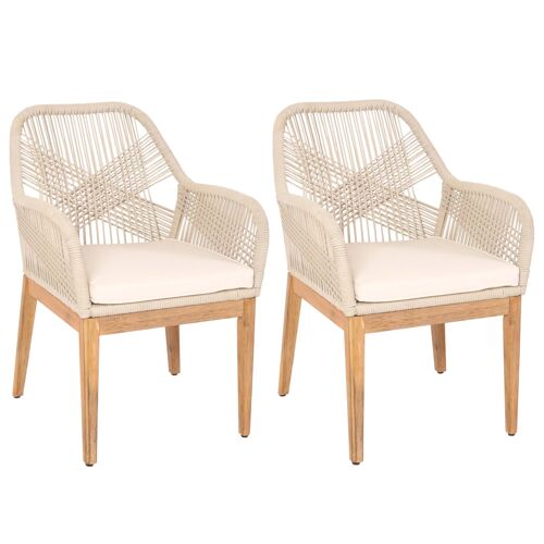 Lot De 2 Chaises De Jardin Moderne Résistant Aux Intempériese En Bois D Acacia Dossier Arrondi En Corde Tressée Crème Coussin Crème 04_0010098