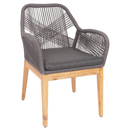 Chaise De Jardin Moderne Résistant Aux Intempériese En Bois D Acacia Dossier Arrondi En Corde Tressée Gris Coussin Gris Foncé 04_0010102