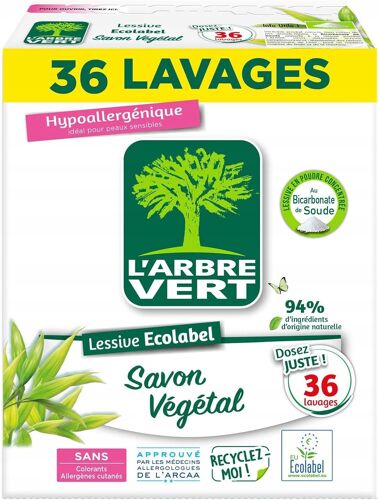Lessive Poudre Savon V¿¿g¿¿tal - ECOLABEL - Hypoallerg¿¿nique - 36 Lavages - 94% d'ingr¿¿dients d'origine naturelle - 1.8Kgs