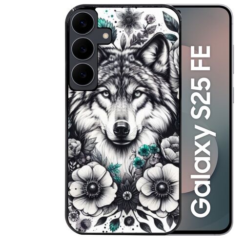 Coque noire Taperso pour Galaxy S25 FE avec motif loup et fleur
