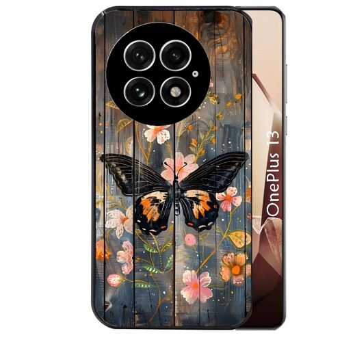 Coque noire Taperso pour OnePlus 13 avec motif bois et papillon 2