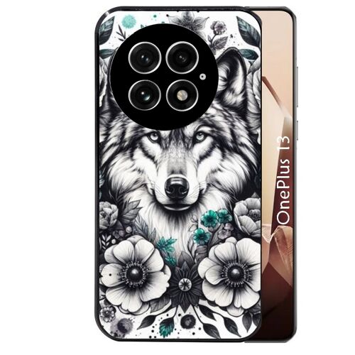 Coque noire Taperso pour OnePlus 13 avec motif loup et fleur