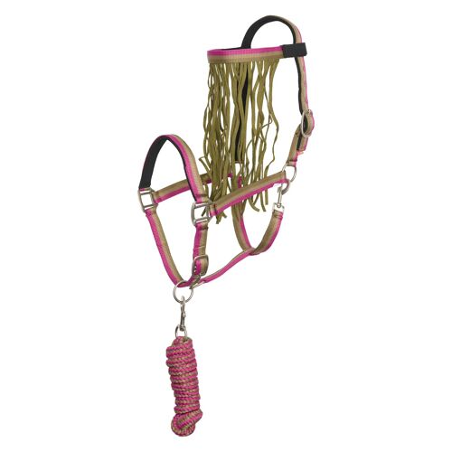 Ensemble Licol Nylon Et Longe D'attache Pour Cheval Avec Frontal Anti-Mouches Imperial Riding Full Mixte Vert
