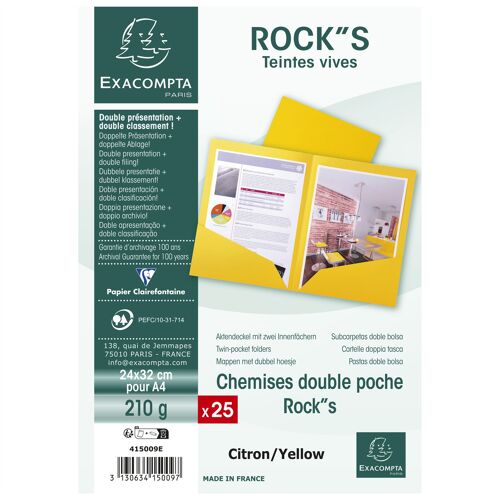 Exacompta Paquet 25 Chemises Double Poche Rock''s 210 Double A4 Ou A3 - 24x32cm Jaune Citron