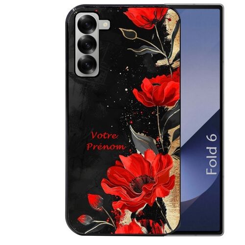 Coque noire Taperso pour Galaxy Z FOLD 6 avec motif fleur rouge avec prenom