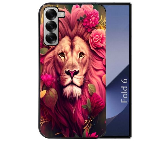 Coque noire Taperso pour Galaxy Z FOLD 6 avec motif lion et fleurs rose
