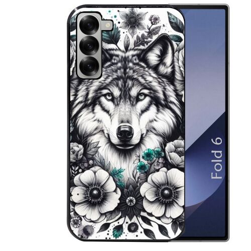 Coque noire Taperso pour Galaxy Z FOLD 6 avec motif loup et fleur