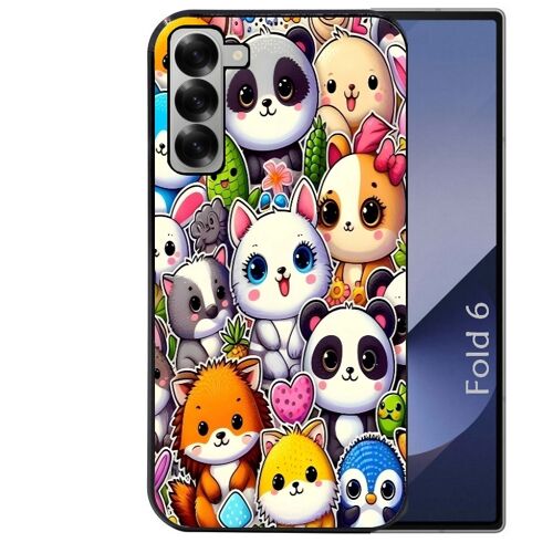 Coque noire Taperso pour Galaxy Z FOLD 6 avec motif manga panda et chat