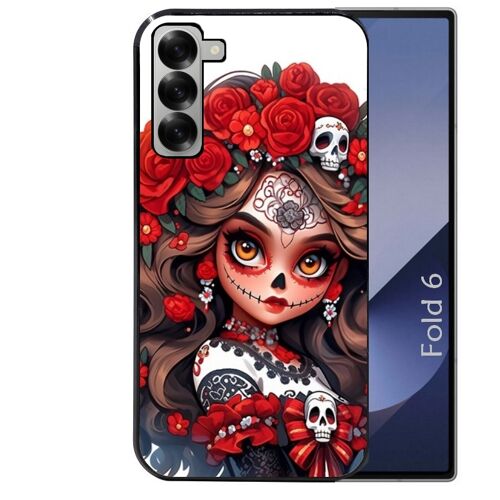 Coque noire Taperso pour Galaxy Z FOLD 6 avec motif tete de mort calavera rouge