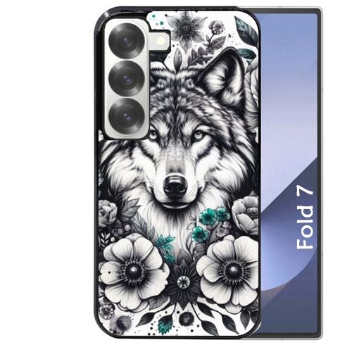Coque noire Taperso pour Galaxy Z FOLD 7 avec motif loup et fleur