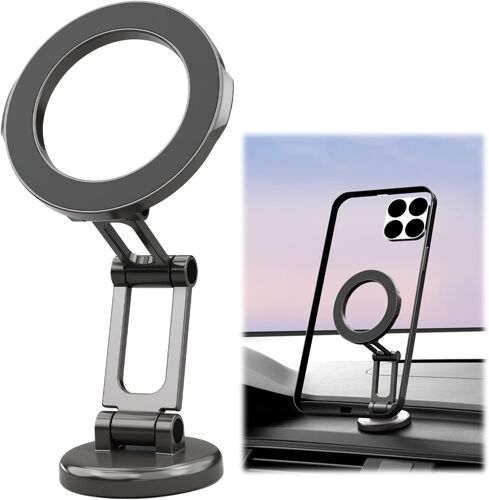 KALANKA-Support Téléphone Voiture avec Rotation à 360°, Support Téléphone pour Voiture Magnetique Pliable intégrant Trois Axes Flexibles, Aimant N52 Puissant, Compatible avec iPhone16 15 14 13
