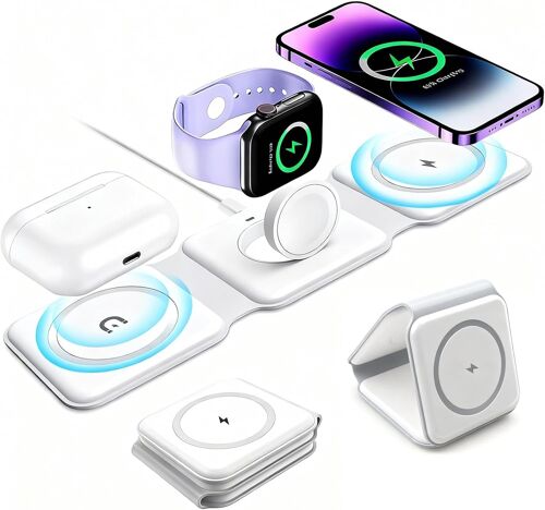 KALANKA-Station de Charge sans Fil 3 en 1 Pliable Magnétique 15W Charger Station de Charge Rapide Compatible avec iPhone 16/15/14/13/12 Watch Ultra/SE/Series 1-10 AirPods Pro/3/2 Blanc