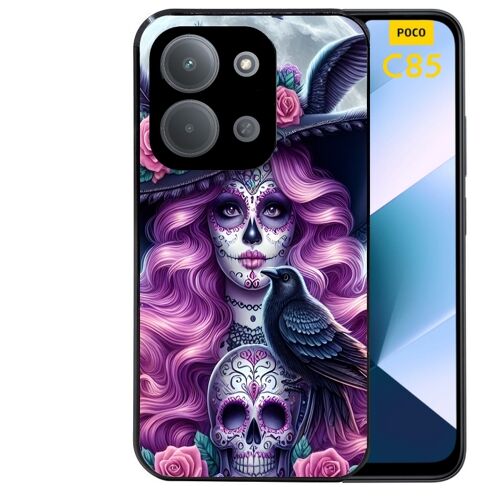 Coque noire Taperso pour POCO C85 avec motif tete de mort calavera et corbeau