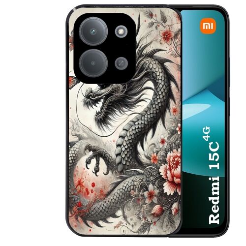 Coque noire Taperso pour REDMI 15C 4G et 5G avec motif dragon japan