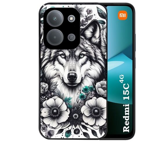 Coque noire Taperso pour REDMI 15C 4G et 5G avec motif loup et fleur
