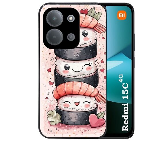 Coque noire Taperso pour REDMI 15C 4G et 5G avec motif sushi kawai anime