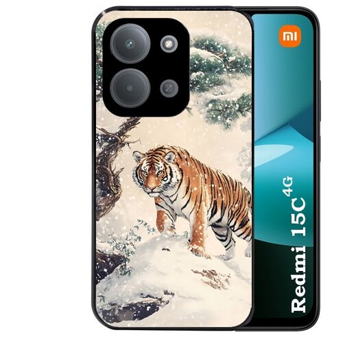 Coque noire Taperso pour REDMI 15C 4G et 5G avec motif tigre bonzai