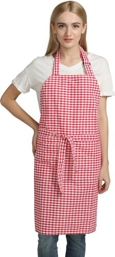 Loranka-Gingham Tabliers Vintage Chef Bib Check Tabliers En Pur Coton (Rouge)