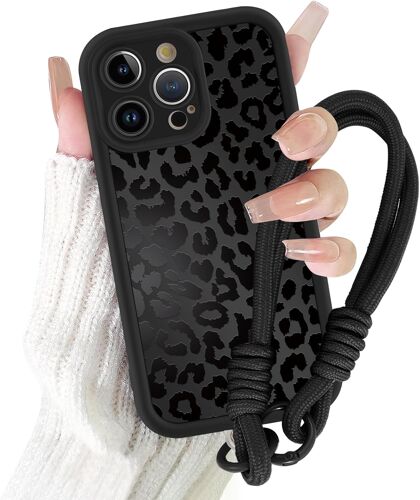 KALANKA-Coques pour iPhone 16 Pro 6,3'' avec Cordon de Bracelet, Étui Silicone Aesthetic Léopard Noir Summer Motif Fille Dessin Tour de Cou Universelle Protection Housse Lanyard Cover Case, 02