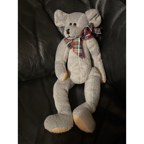 Doudou peluche souris grise main et pieds beige noeud  écossais billes 29cm 