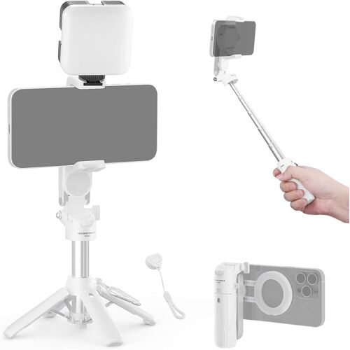 NEEWER BASICS Trépied Perche à Selfie Magnétique,Compatible avec Magsafe iPhone Samsung Android,Support Bureau Extensible & Portable avec Poignée pour Phone & Remote Détachable pour Vidéo,PA985 Blanc