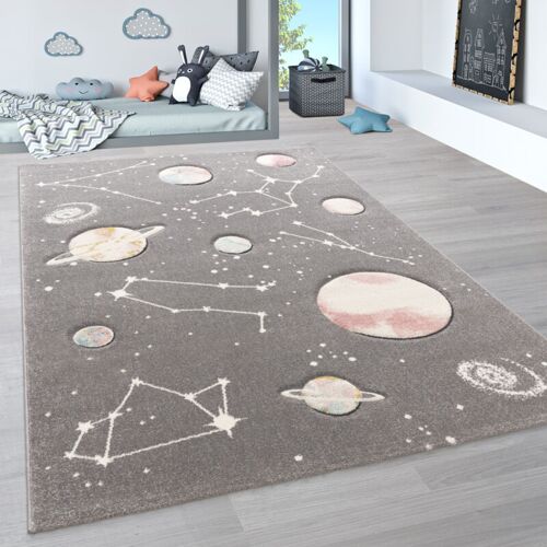 Paco Home - Tapis Pour Enfants, Tapis De Jeux Planètes Et étoiles, Chambre D'Enfant Gris 120x170 Cm