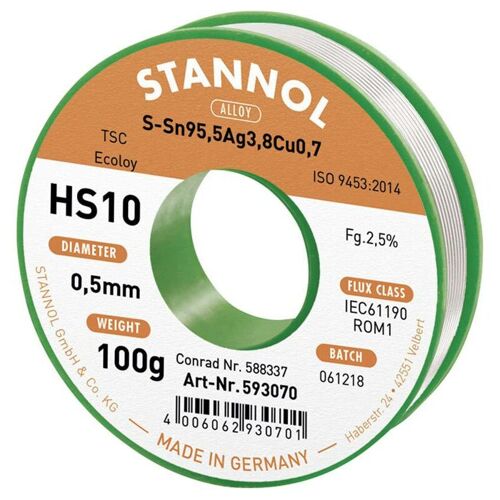 Fil à Souder séns Plomb Hs10 2510 Stannol Alliage (détails) Sn95ag4cu1 S66224