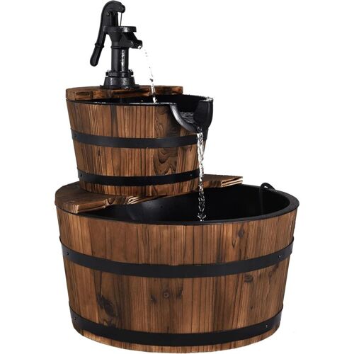 Fontaine À Eau À 2 Couches En Sépin Carbonise, Ecoulement D'eau Ajustable, Fontaine Exterieure Avec Pompe Manuelle Decorative, Ideal Pour Jardin Ou Cour Interieure, Marron Fonce - Goplus