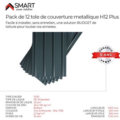 Smart Cover Pack 12 Petites Tôles Bac Acier - Toiture - Couverture H12 Dimensions: 125cm X 45cm=6,75m² Épaisseur: 0,30mm Qualité Allemande Acier Couleur Ral 7016